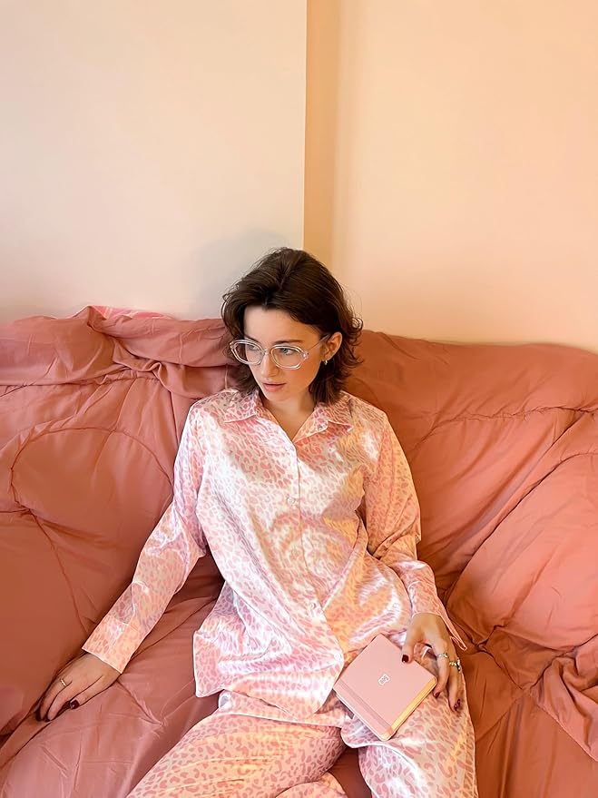 Ekouaer Women Satin Silk Pajamas Classic Long Sleeve Button Down Pjs Set Soft Loungewear