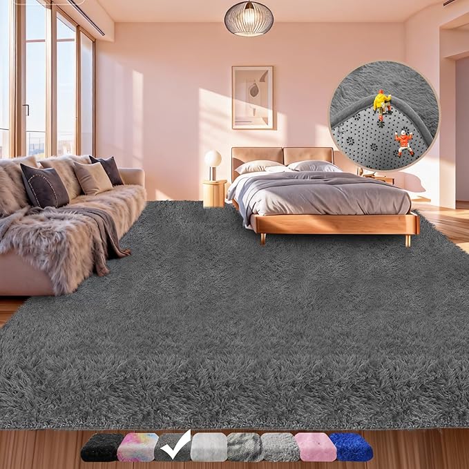 Large Shag Area Rugs for Living Room 8x10 ft, Ultra Soft Fluffy Grey Rugs for Bedroom, Indoor Floor Carpet Nursery Rug for Kids Girls Boys, Dorm Room, Home Decor Aesthetic |Soft Fluffy Thick Large