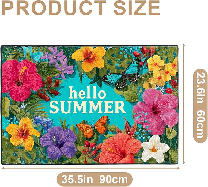 Hello Summer Area Rug 2x3 ft Entry Rug Washable Boho Rugs Non Slip Low Pile Floral Door Mat Small Carpet for Bedroom, Bedside, Kids Room, Office, Dining Room