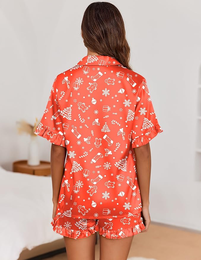 Ekouaer Satin Pajama Set for Women Button Down Silk 2 Piece Pj Sets Ruffle Short Sleeve Sleepwear