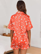 Ekouaer Satin Pajama Set for Women Button Down Silk 2 Piece Pj Sets Ruffle Short Sleeve Sleepwear