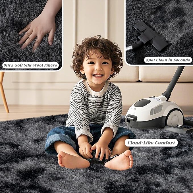 Tie-Dyed Black Rugs for Bedroom 3x5 ft - Ultra Soft Faux Fur Area Rug - Plush Non-Slip Shaggy Carpet for Living Room, Cozy Fluffy Rug for Kids Boys Girls Dorm Nursery Room, High Pile Floor Carpet