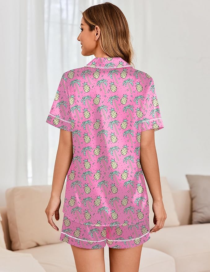 Ekouaer Womens Satin Silk Pajamas Set Short Sleeve Sleepwear Button Down Top and Shorts Loungewear 2 Piece Pjs Set S-XXL