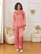 Ekouaer Womens Silk Satin Pajama Sets 2 Piece Sleepwear Pjs Set Long Sleeve Button Down Top and Pants Stripe Loungewear S-XXL