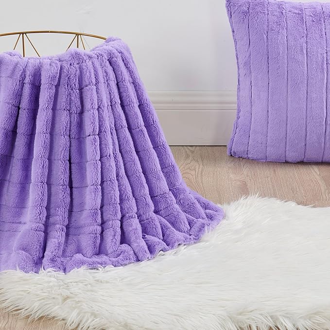 Striped Throw Blanket and Pillow Covers Set (No Inserts) for Couch and Bed, Plush Warm Lightweight Fuzzy Faux Fur Blanket for All Seasons (60" x 80", Purple)