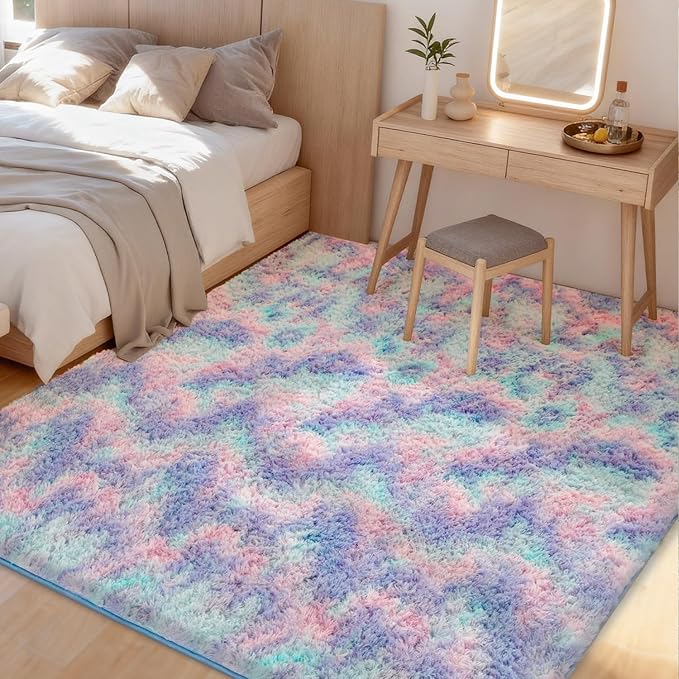 Litanika 3x5 Fluffy Shag Faux Fur Area Rug for Living Room Bedroom, Tie-Dyed Blue Rainbow High Pile Soft Plush Shaggy Furry Bedside Playroom Dorm Carpet, Non-Slip, Non-Shedding Modern Indoor Floor Rug