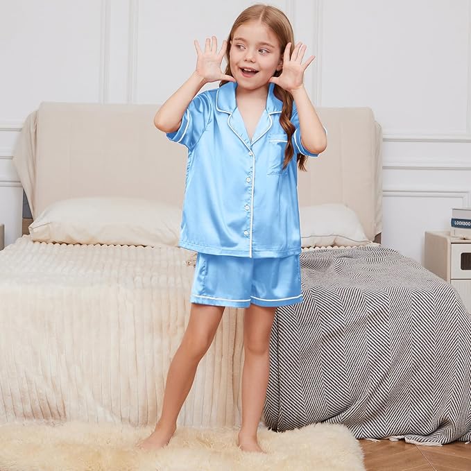 QPANCY Kids Satin Pajamas Sets Baby Boy Girl Button-Down Silk Sleepwear 2 Piece Short Sleeve Loungewear Clothes Set