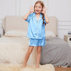 QPANCY Kids Satin Pajamas Sets Baby Boy Girl Button-Down Silk Sleepwear 2 Piece Short Sleeve Loungewear Clothes Set