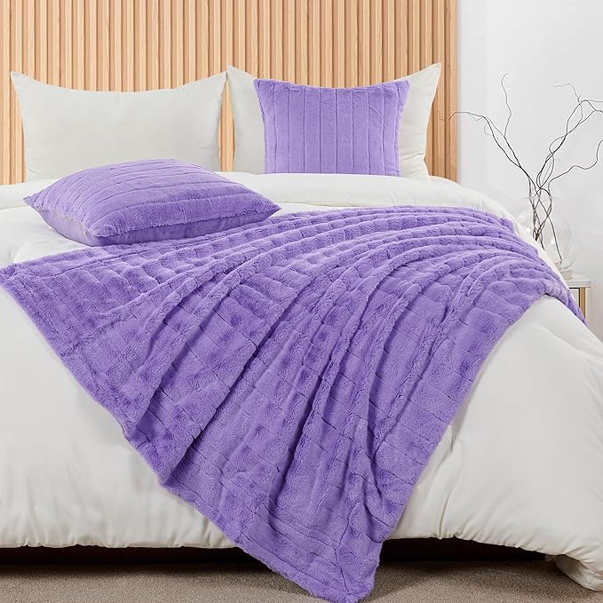 Striped Throw Blanket and Pillow Covers Set (No Inserts) for Couch and Bed, Plush Warm Lightweight Fuzzy Faux Fur Blanket for All Seasons (50" x 60", Purple)
