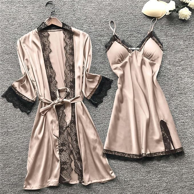 Women's 4pcs Silk Satin Pajamas Set Floral Lace Trim Dress with Robe Lounge Sleepwear Nightdress Novelty Loungewear