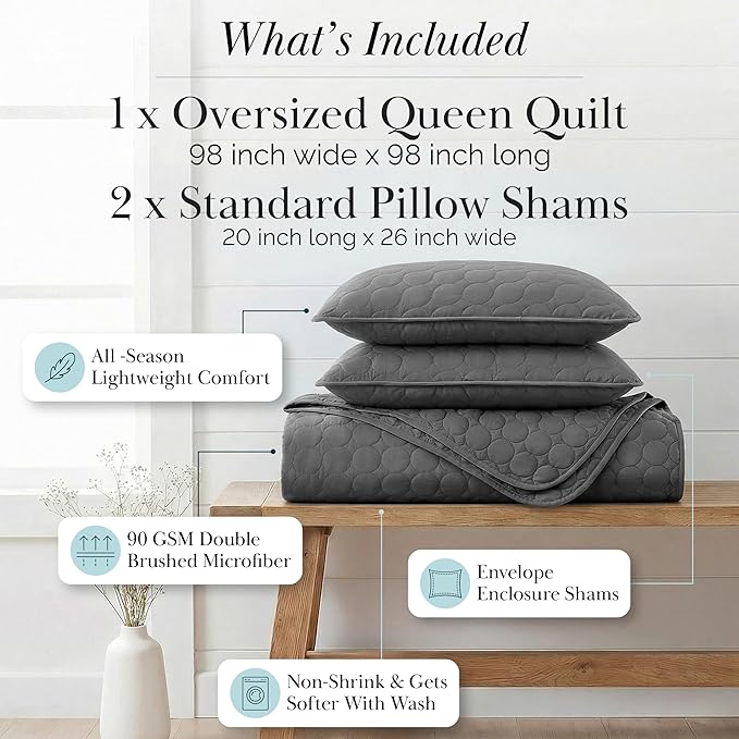Southshore Fine Living, Inc. Oversized Quilt Bedding Set Queen Size, Soft Coverlet Full Size, Lightweight Bedspread 3-Piece with Two Matching Quilted Pillow Shams, All Season Full/Queen Quilts, Slate