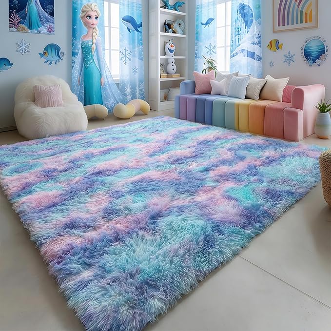 Amdrebio Purple Rainbow Mermaid Area Rugs 9x12 for Girls Bedroom Decor Aesthetic, Plush Fluffy Kawaii Large Big Rugs for Kids Room Nursery Playroom, Cute Stitch Frozen Fuzzy Furry Baby Toddler Carpet