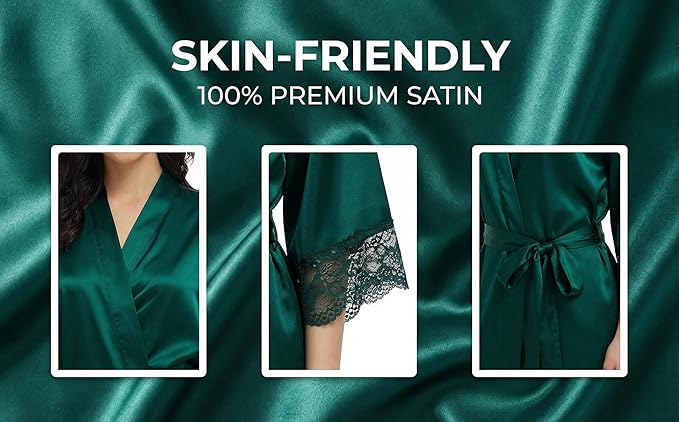 Long Satin Robes for Women Ankle Length Kimono Robes Silky Bridal Party Robes with Lace Trim Bridesmaid Loungewear Sleepwear