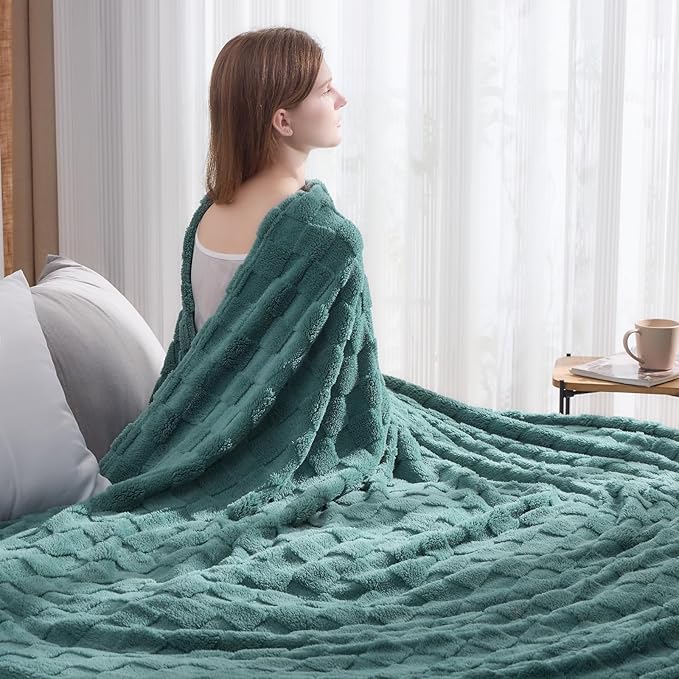 NEWCOSPLAY Super Soft Twin Blanket Light Teal Premium Silky Flannel Fleece 3D Checkered Lightweight Bed Blanket All Season Use (Light Teal Checkered, Twin(60"x80"))