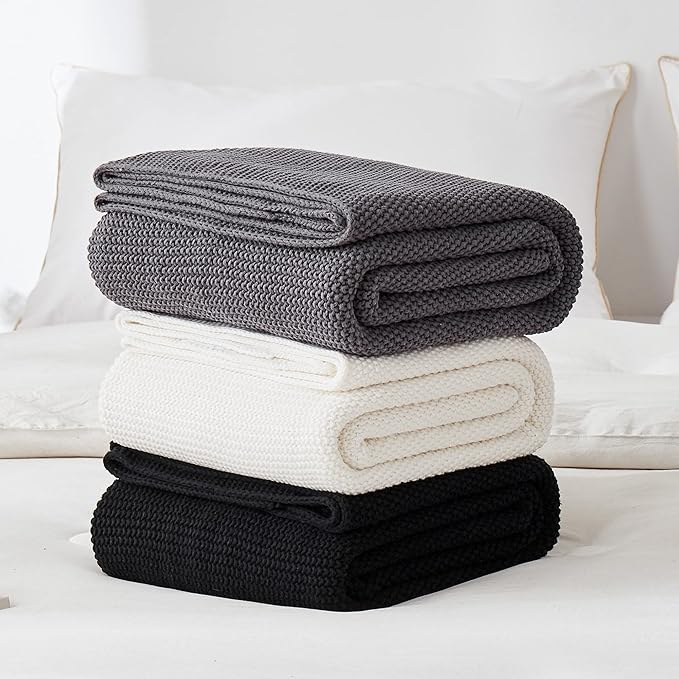 Longhui bedding Dark Grey 100% Cotton Lightweight Cable Knit Throw Blanket for Couch Sofa Bed Home Large Decorative, Bonus Laundering Bag, Dark Gray 60 x 80 Inch, Machine Washable