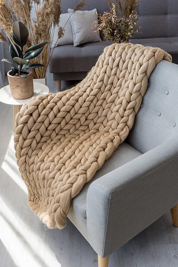 Throw Blanket Full Size 54"x75" for Bed - Chunky Knit Blanket, Boho Throw Blanket for Couch 100% Merino Wool (Dark Beige, 54"x75")