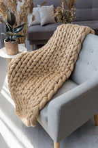 Throw Blanket Full Size 54"x75" for Bed - Chunky Knit Blanket, Boho Throw Blanket for Couch 100% Merino Wool (Dark Beige, 54"x75")