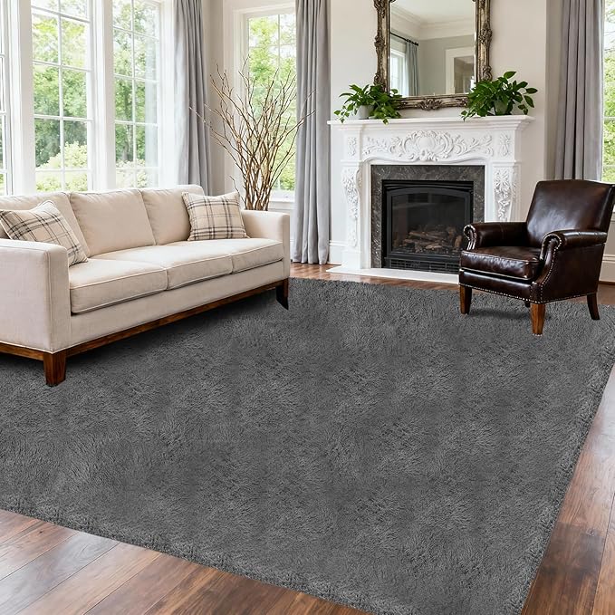 Large Shag Area Rugs for Living Room 8x10 ft, Ultra Soft Fluffy Grey Rugs for Bedroom, Indoor Floor Carpet Nursery Rug for Kids Girls Boys, Dorm Room, Home Decor Aesthetic |Soft Fluffy Thick Large