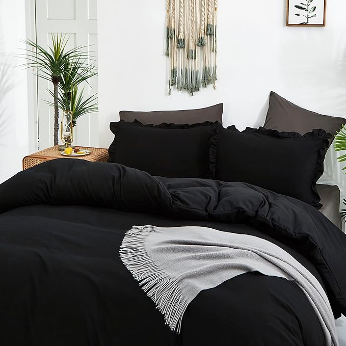CLOTHKNOW Black Ruffle Comforter Set Full Size Bedding Comforter Sets Soft Farmhouse Shabby Chic Comforters with 2 x Pillow Cases