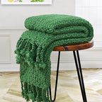 Chunky Knit Throw Blanket with Braided Tassels 50" x 60", Hand Knitted Soft Thick Yarn Basket Weave Boho Farmhouse Blanket, Plush Fluffy Tassel Decor Throw for Couch Bed Sofa, Christmas Green