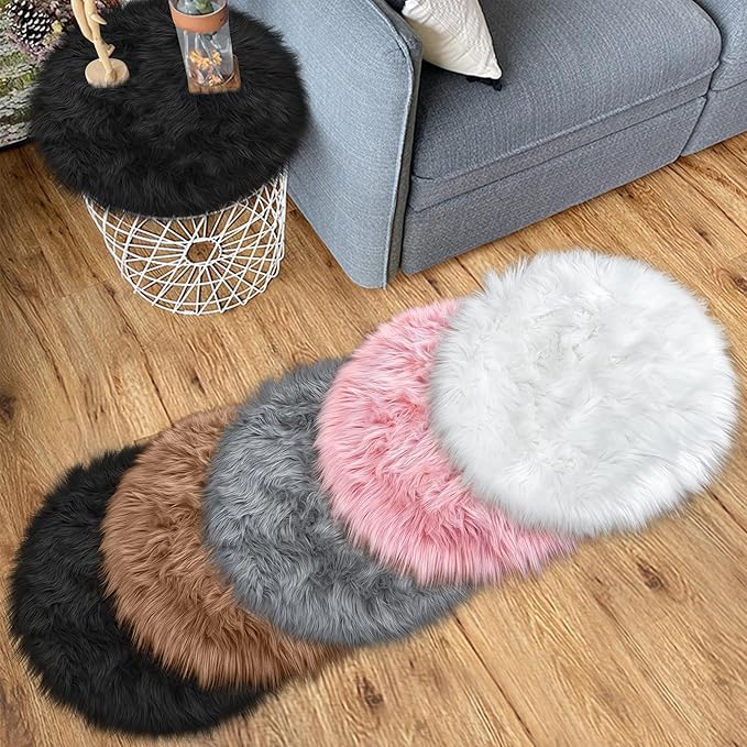 15.7 Inches Mini Black Round Faux Fur Sheepskin Area Rug, Fluffy Small Circle Rugs Cushion for Chair, Furry Carpet for Nail Desk, Shaggy Circular Rug Plush Rug