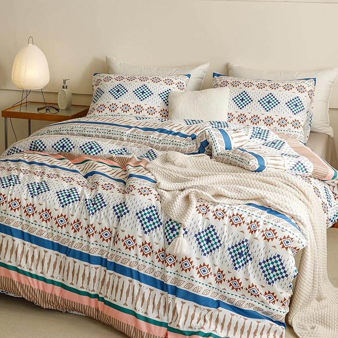 Luxlovery Aztec Comforter Set King Beige Blue Bohemian Bedding Set King Southwestern Exotic Ethnic Rustic Native American Navajo Bedding Set Folkloric Comforter Set Women Men