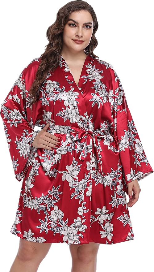 Women's Plus Size Satin Kimono Robes Short Silk Bathrobe Bridesmaid Wedding Party Nightgown Sleepwear