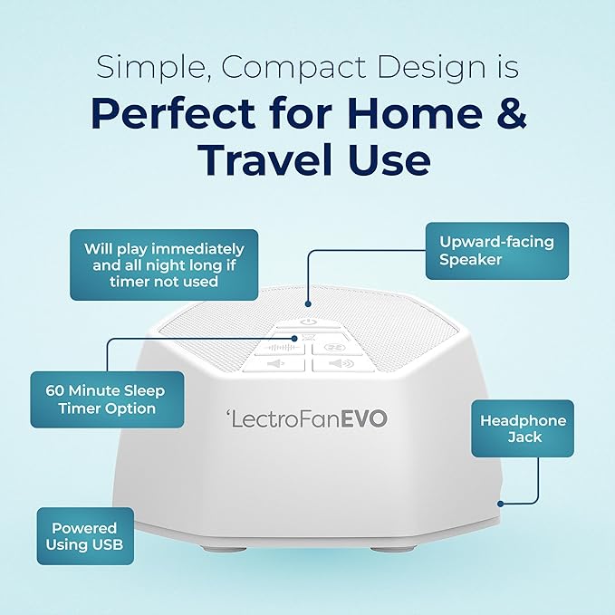 Adaptive Sound Technologies LectroFan EVO White Noise Machine - Compact Sleep Sound Machine for Bedroom, Travel, Study & More - 22 Non-Looping Fan, Ocean Noise Variations - White