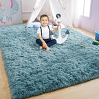 YJ.GWL Area Rugs for Living Room Bedroom, 4x6 Machine Washable Large Teal Carpet, Soft Fluffy Shaggy Thick Big Shag Indoor Floor Rug for Kids Boy and Girls Room Dorm Home Decor Aesthetic