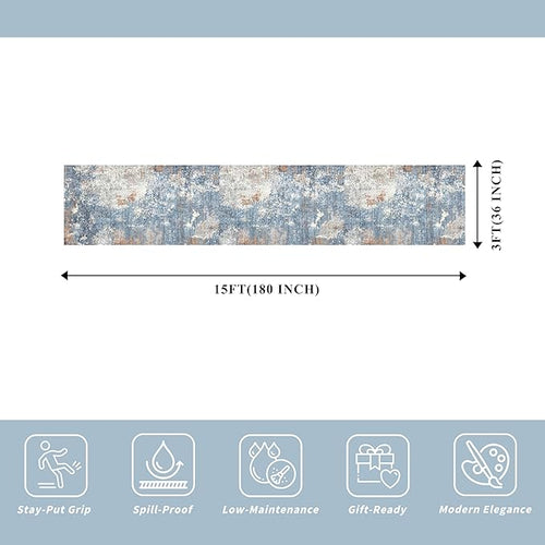 3x15 Ft Long Hallway Runner Rug – Non-Slip Washable Kitchen Floor Rug with Rubber Backing, Modern Low Pile Thin Wide Carpet Runners for Bedroom, Entryway Indoor (Blue Rust,3x15)