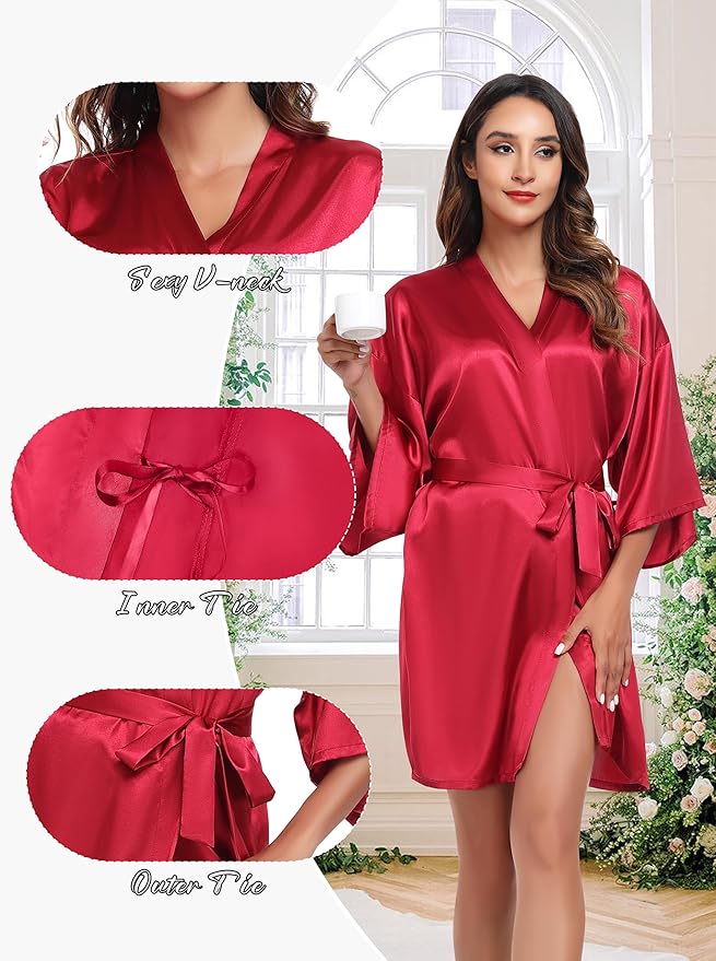 Women's Short Satin Robe Silky Bathrobes Bridal Bridesmaid Kimono Robe V-Neck Sleepwear S-XXL