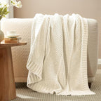 Amélie Home Knit Throw Blanket, Soft Chenille Cozy Breathable Chevron Chunky Decorative Blanket for Couch, Bed & Sofa, French-Inspired Lightweight Warm Gift for Women, Ivory, 60"x80"