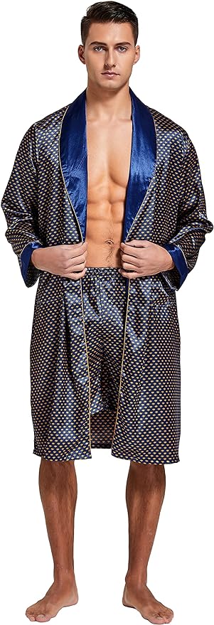 Tony & Candice Men's Satin Robe Lightweight Long Sleeve Silk Kimono Bathrobe with Shorts Set Sleepwear