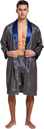 Tony & Candice Men's Satin Robe Lightweight Long Sleeve Silk Kimono Bathrobe with Shorts Set Sleepwear