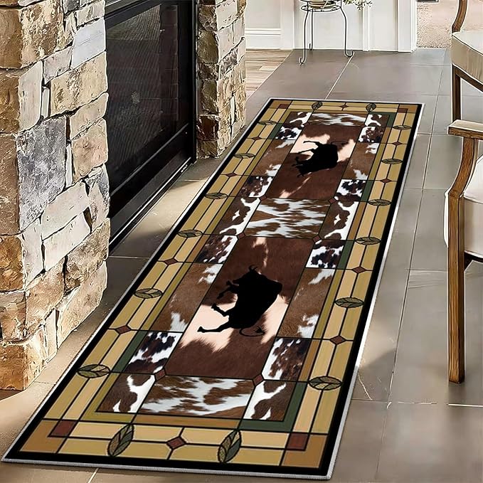Cowprint Western Runner Rug,4x8ft,Bohemian Moroccan Geometric Runner Rug,Rustic Cabin Decor Southwest Rugs,Soft Non-Slip Long Hallway Rugs, for Bedroom Kitchen Laundry Entryway Floor Mat