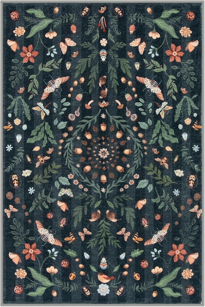 Lahome Insect Botanical Floral 2x3 Small Kitchen Rugs for Entryway Black Door Mat Indoor Entrance,Washable Boho Bathroom Area Rug,Soft Non-Slip Indoor Carpet Throw Rugs for Entry Laundry(Black,2x3)