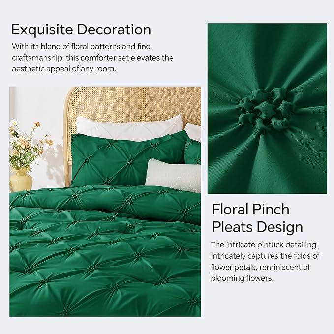 BEDELITE Forest Green King Size Comforter Set - 3 Pieces Boho Pintuck Bedding Comforter Sets, Lightweight Soft & Warm King Bedding Set with 2 Pillowcases for All Season