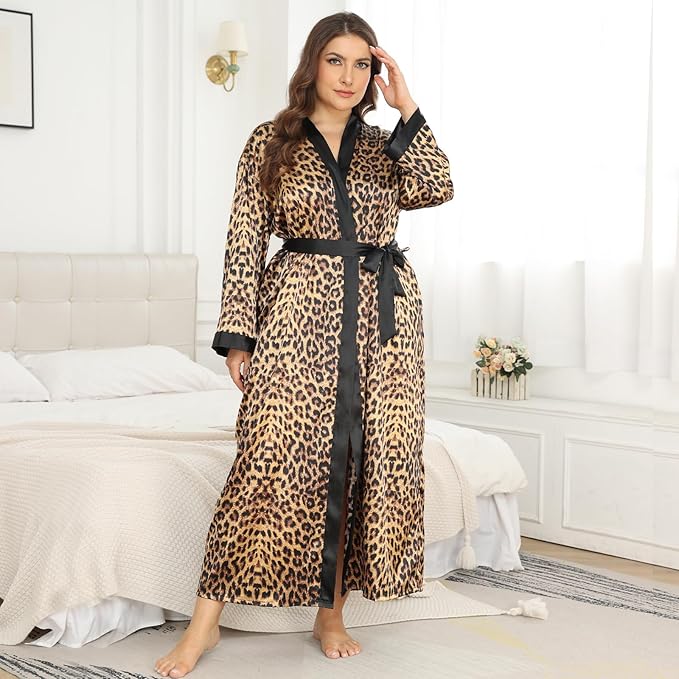 Womens Plus Size Silky Satin Kimono Robe Floral Long Bathrobe Wedding Sleepwear Dressing Gown