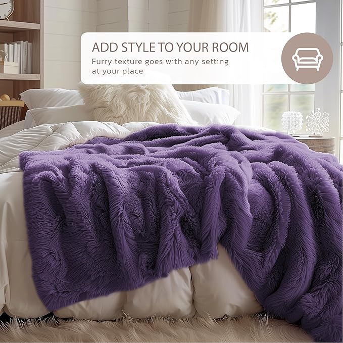 Hyde Lane Purple Fuzzy Throw Blanket, 2 Way Reversible Ultra Soft Long Faux Fur Throws, Shaggy Cozy Fluffy Blankets for Couch Sofa Home Decor, 60x80