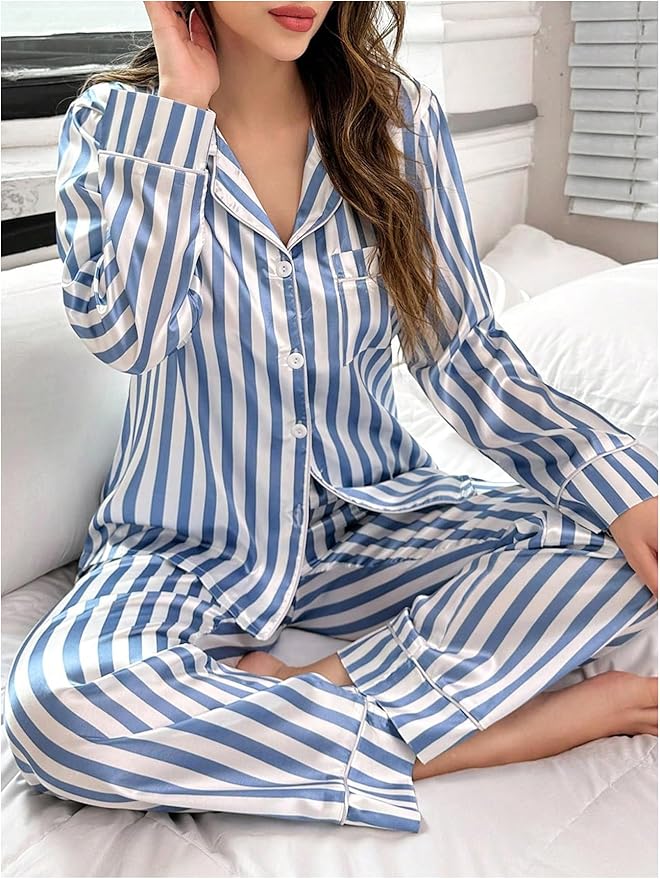 WDIRARA Women's 2 Piece Bowknot Print Satin Pajama Set Long Sleeve Button Down Lounge Pants Sleepwear Sets