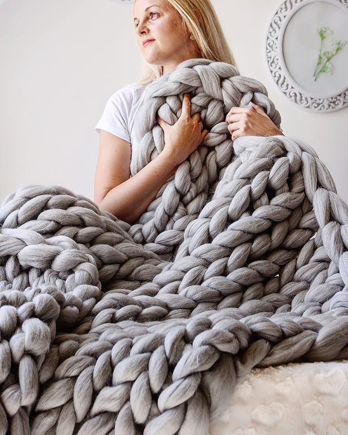 Throw Blanket Full Size 54"x75" for Bed - Chunky Knit Blanket, Boho Throw Blanket for Couch 100% Merino Wool (Cream, 54"x75")