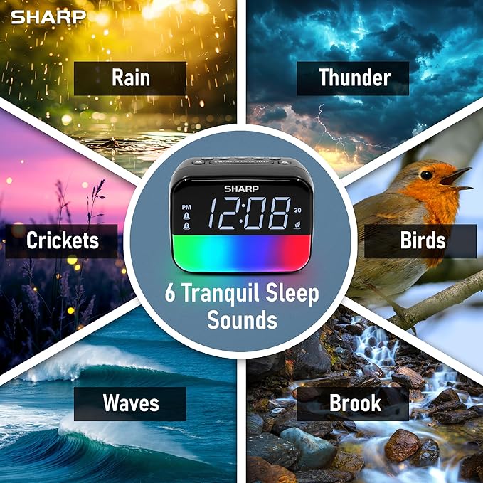 Sharp Multi-Color Bluetooth Alarm Clock with Sleep Sounds, RGB Night Light, Dual Alarms, LED Display with Dimmer, Snooze & Sleep Timer, Bedside Clock with Speaker