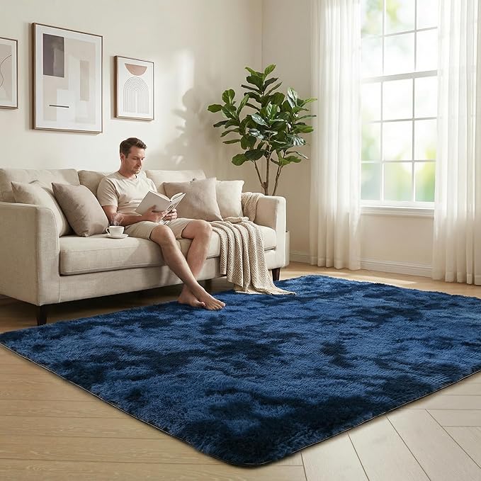 duduta 6x9 ft Navy Blue Rectangle Fluffy Rug, Tie-Dyed Shag Fuzzy Plush Rectangle Carpet for Bedroom Nursery Living Room Home Decor