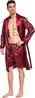 Tony & Candice Men's Satin Robe Lightweight Long Sleeve Silk Kimono Bathrobe with Shorts Set Sleepwear