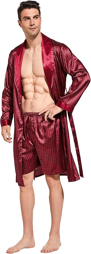 Tony & Candice Men's Satin Robe Lightweight Long Sleeve Silk Kimono Bathrobe with Shorts Set Sleepwear