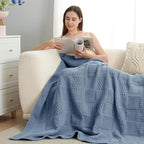 Amélie Home Knit Throw Blanket, Soft Chenille Cozy Breathable Checkered Chunky Decorative Blanket for Couch, Bed & Sofa, French-Inspired Lightweight Warm Gift for Women, Washed Blue, 50"x60"