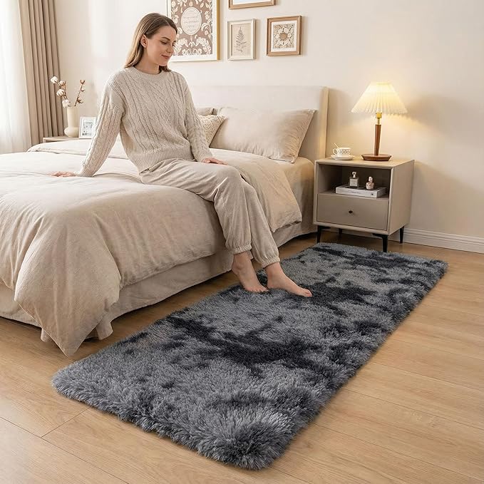 duduta Grey Plush Runner Rugs for Bedroom 2x6 ft, Tie Dye Fluffy Gray Shag Rug for Dorm Nursery Bedside, Machine Washable Non Slip