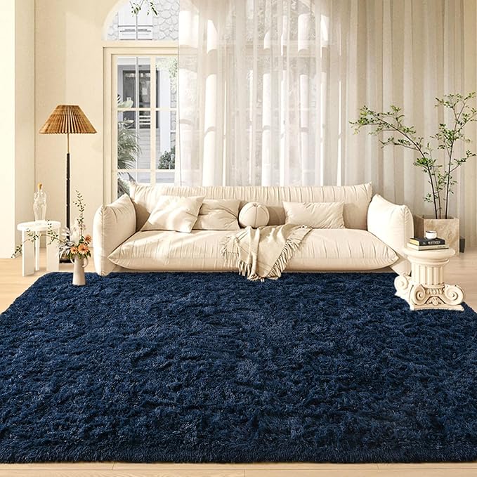 Navy Blue Area Rug 8x10 Large Rugs for Living Room Bedroom, Fluffy Soft Rug Modern Carpets for Kids Room, Non-Skid Rectangular Indoor Rug for Girls Boys Playroom Nursery Room Home Decor