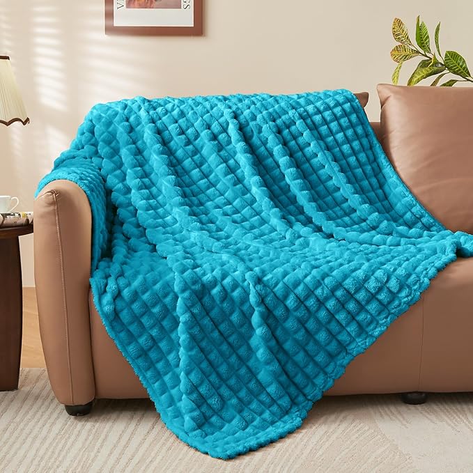 BEDELITE Teal Throw Blanket for Couch and Bed- Super Soft and Warm 3D Checkered Fluffy Fuzzy Fleece Blanket, Luxurious Plush Cozy Blanket for Room Decor Fall and Winter, 50x60 inches