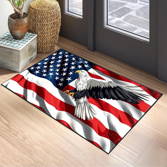 Eagle Flag Independence Day Area Rug 2x3 ft Entry Rug Washable Boho Rugs Non Slip Low Pile Floral Door Mat Small Carpet for Bedroom, Bedside, Kids Room, Office, Dining Room